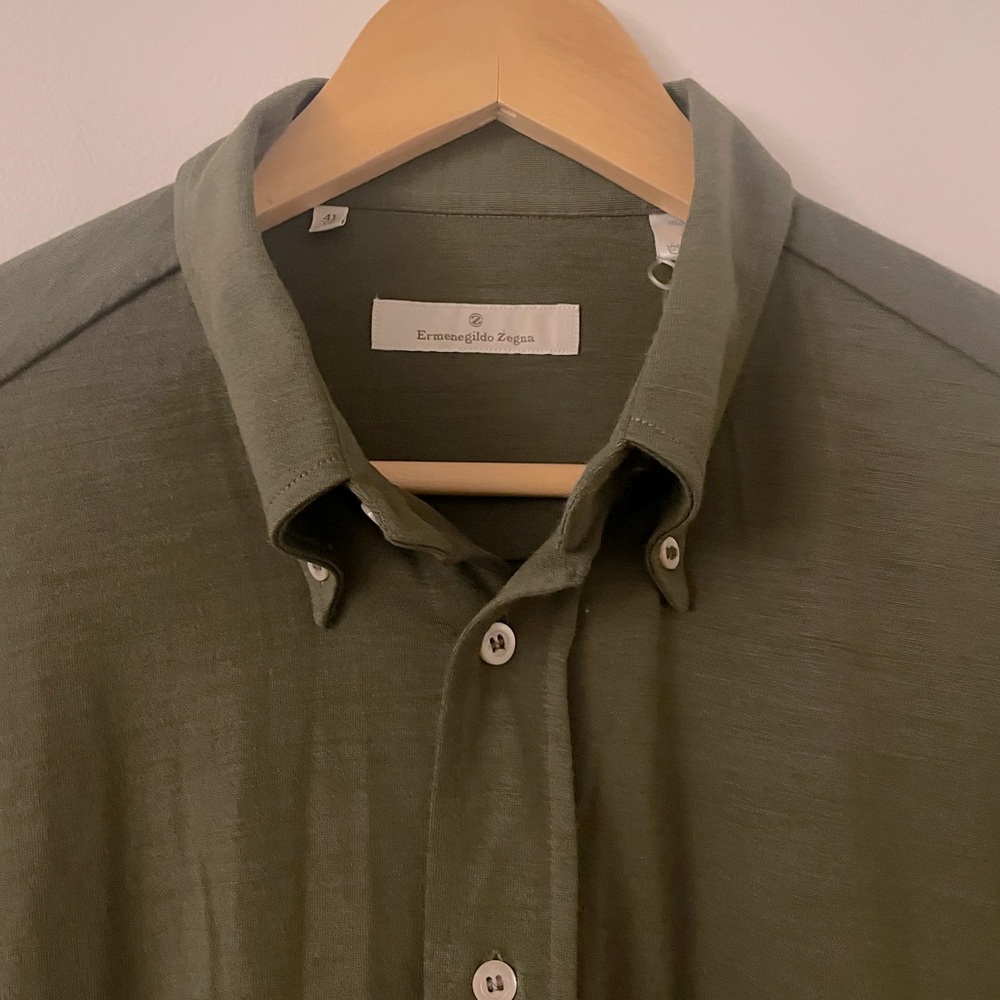 Ermenegildo Zegna Shirt Mens Medium Button Up Long Sleeve Green Wool Blend Italy